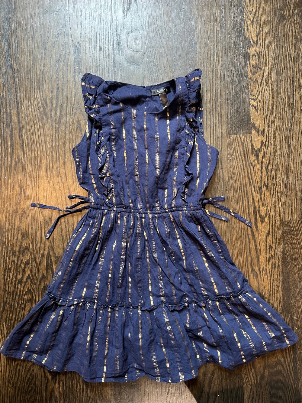 Aqua Girls Navy Blue and Gold Metallic Stripe Dress | M